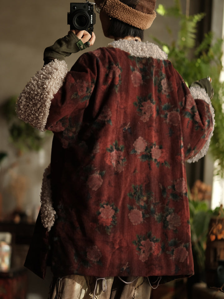 Abrigo Vintage de Algodón con Flores Rojas – Cuello Alto, Corte Holgado de Invierno