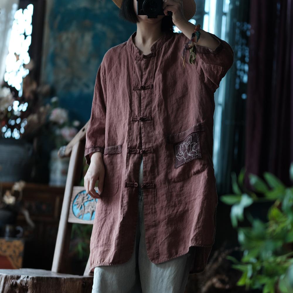 Manteau vintage en lin brodé de lotus