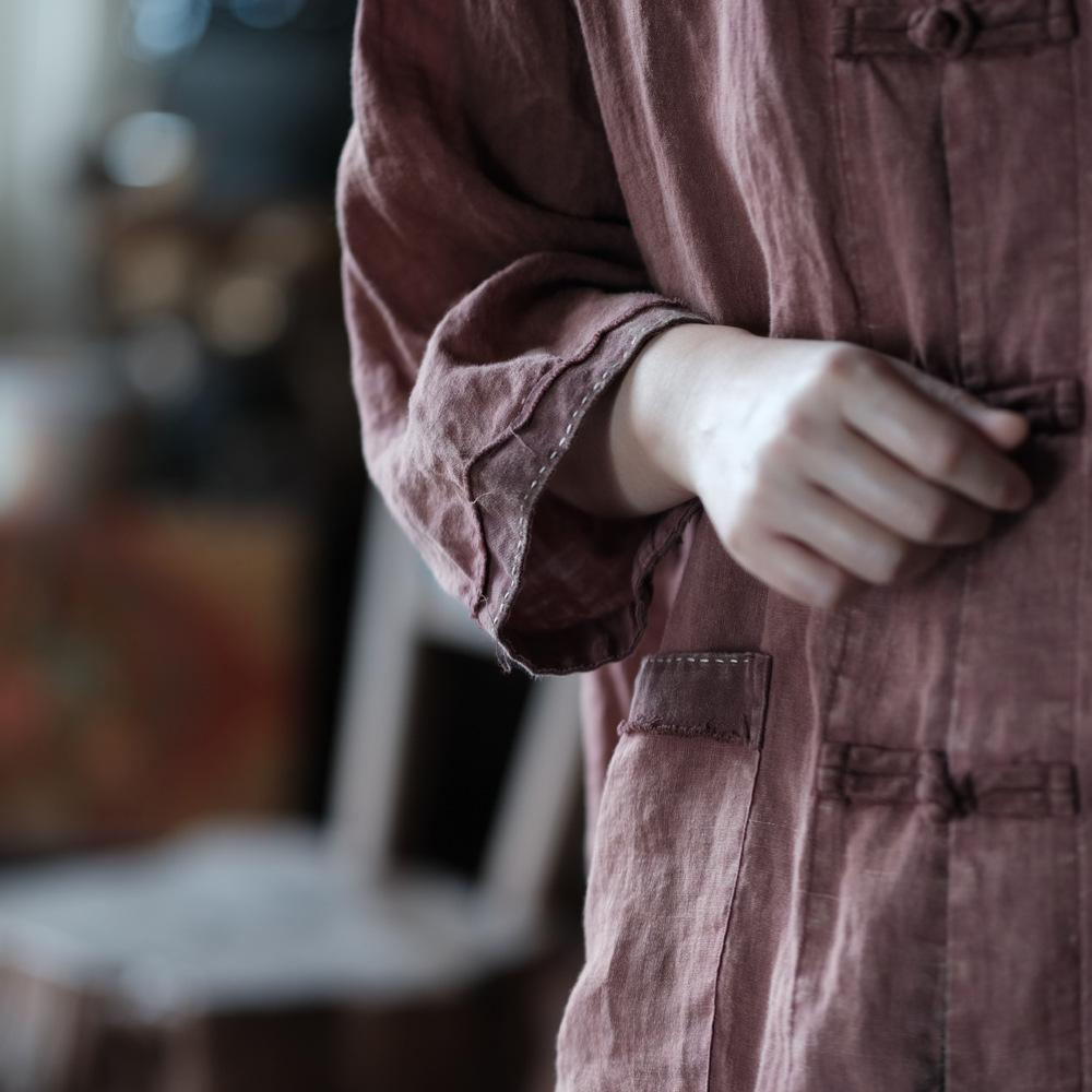 Manteau vintage en lin brodé de lotus