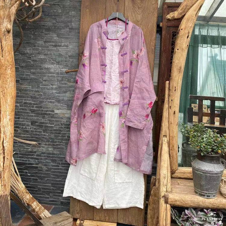 Vintage Floral Ramie Linen Long Blouse