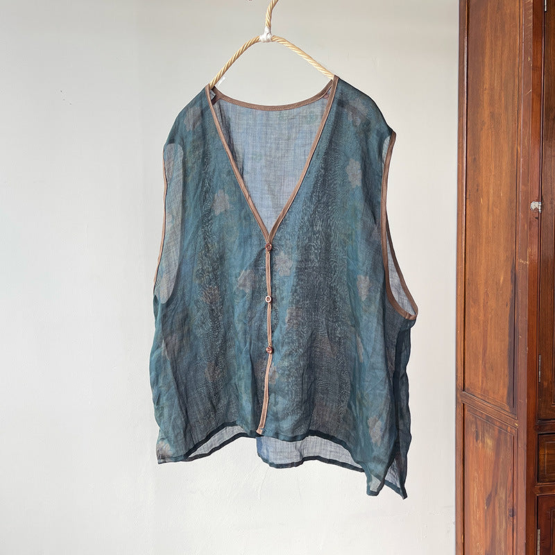 Gilet col en V en ramie florale