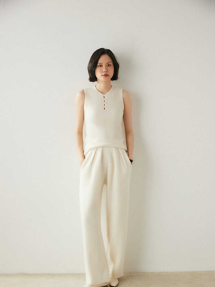 Pantalon large en laine cachemire avec détails en velours