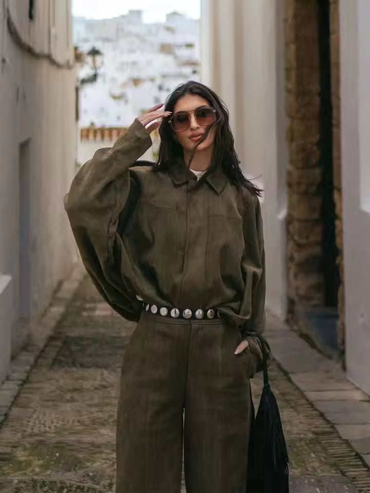 Suede Long Sleeve Lapel Jacket & High-Waist Shorts for Women | 2025 Vintage Streetwear Style