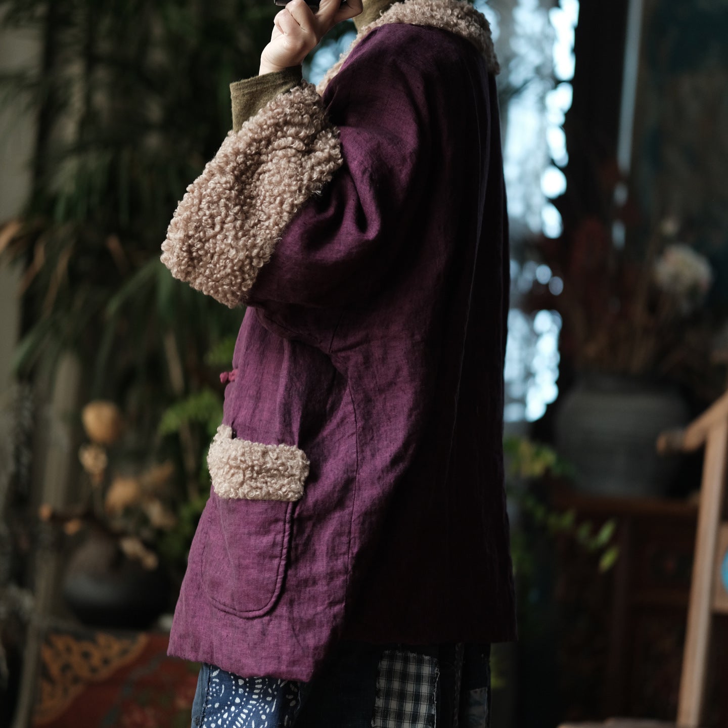 Vintage Padded Cotton Linen Jacket – Faux Fur Trim, Oversized Buttoned Coat