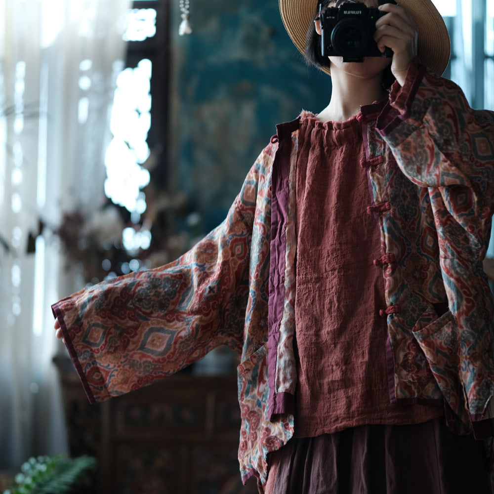 Veste vintage en lin à motifs ethniques