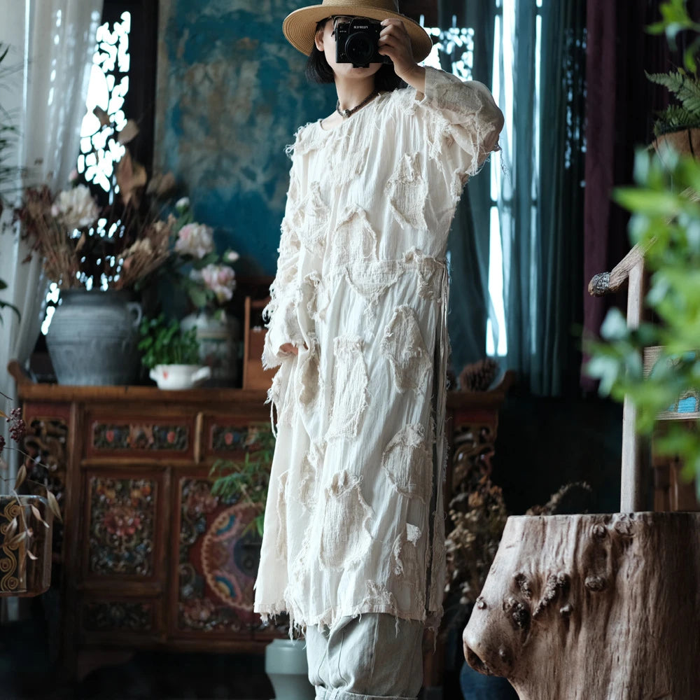 Vestido túnica de patchwork color crudo