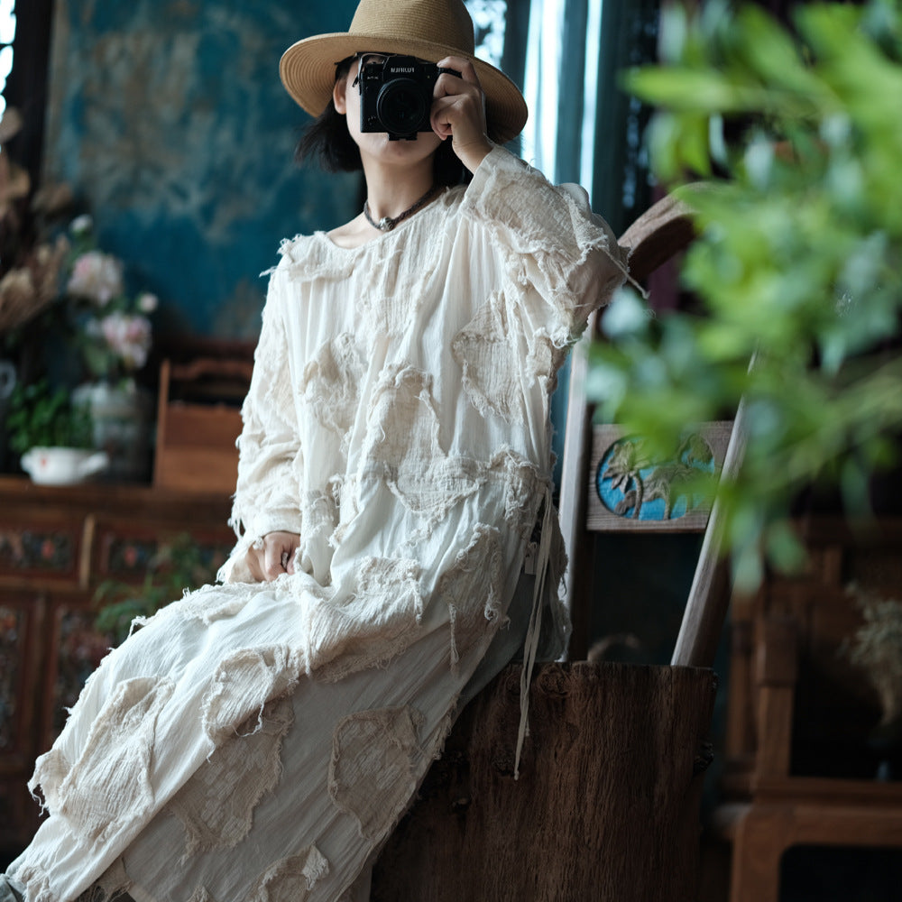 Vestido túnica de patchwork color crudo