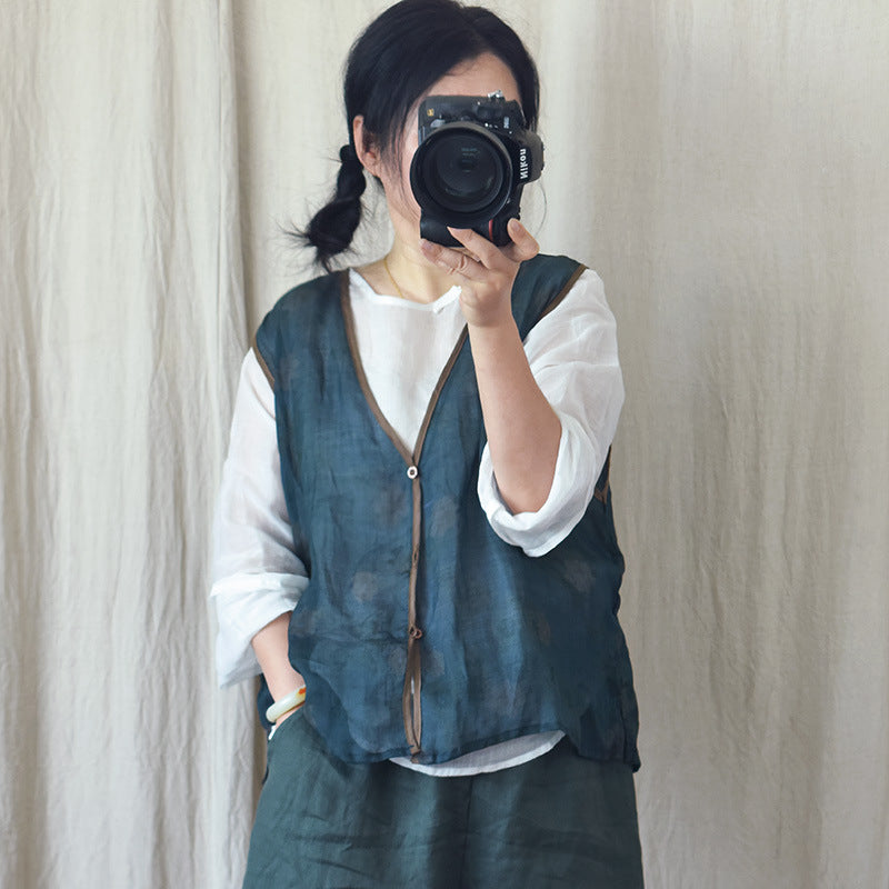 Gilet col en V en ramie florale