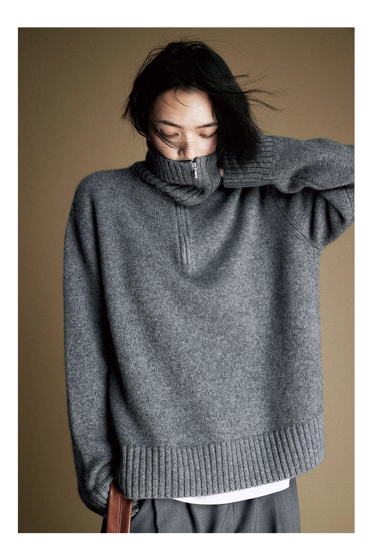 Cozy Zip Wool Knit Sweater for Women – Half-Zip Collar Pullover with 80% Wool Blend | COANDMI Collection