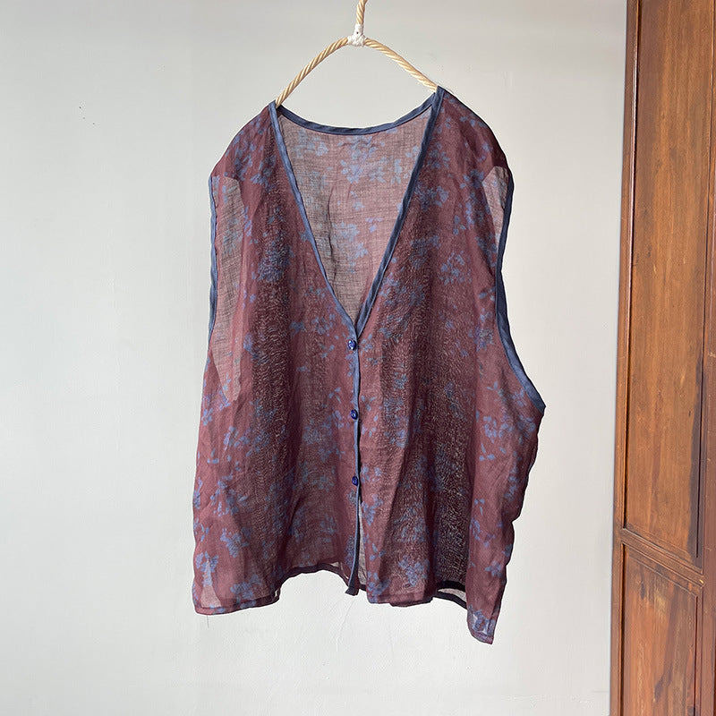 Gilet col en V en ramie florale