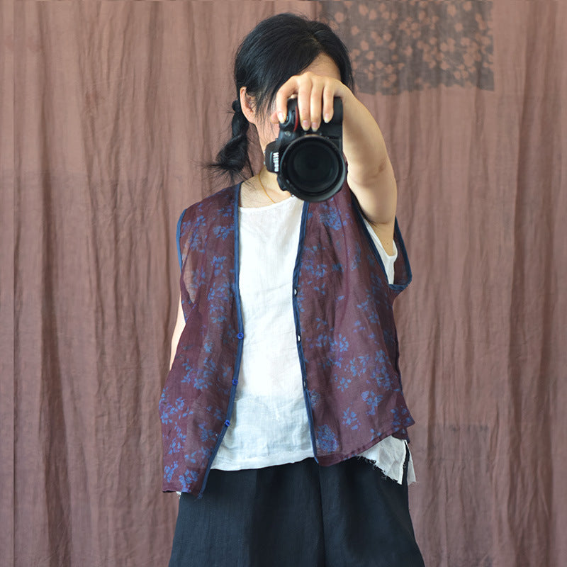 Gilet col en V en ramie florale