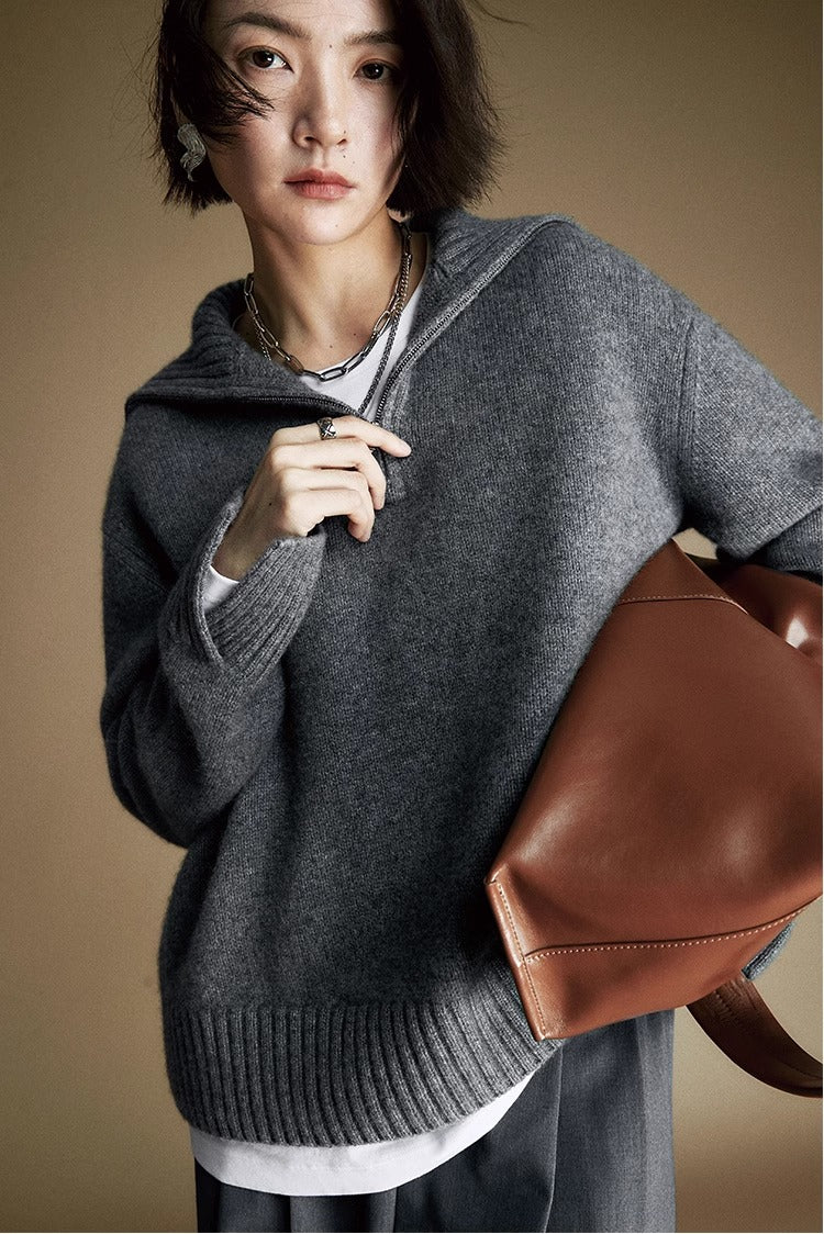 Cozy Zip Wool Knit Sweater for Women – Half-Zip Collar Pullover with 80% Wool Blend | COANDMI Collection