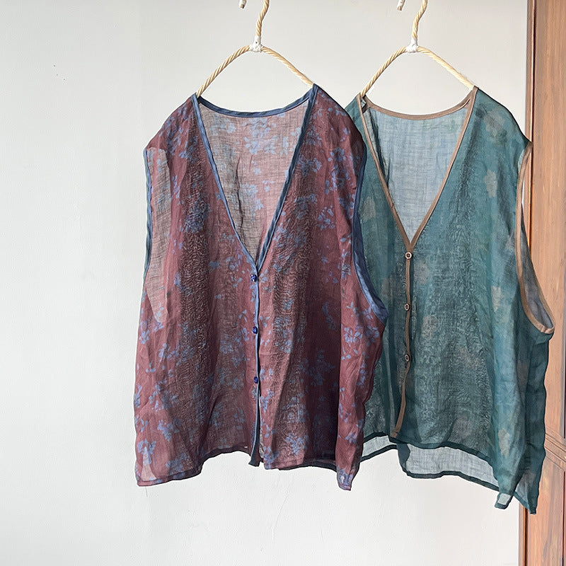 Gilet col en V en ramie florale