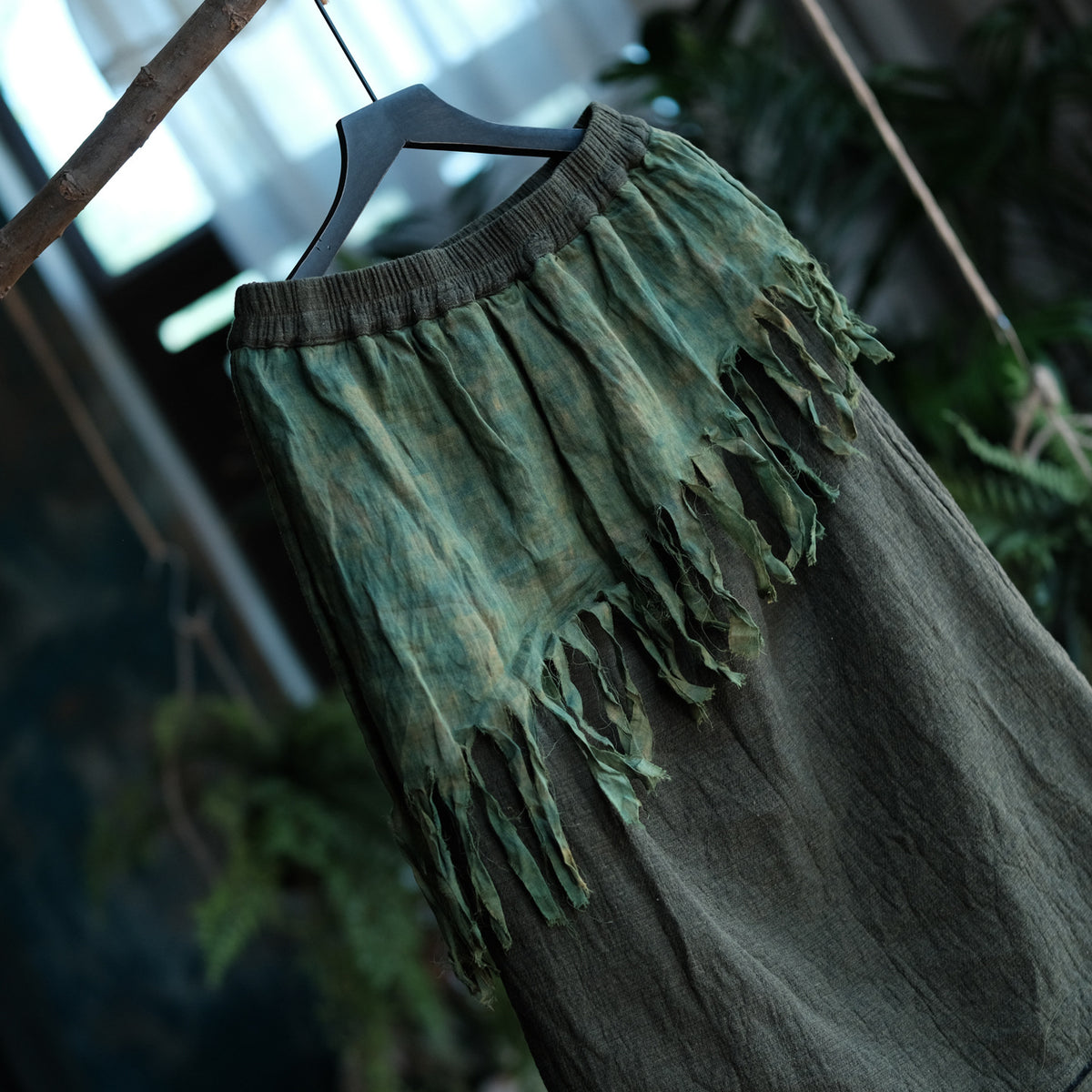 Charcoal Moss Nomad Fringe Cotton-Linen Midi Skirt