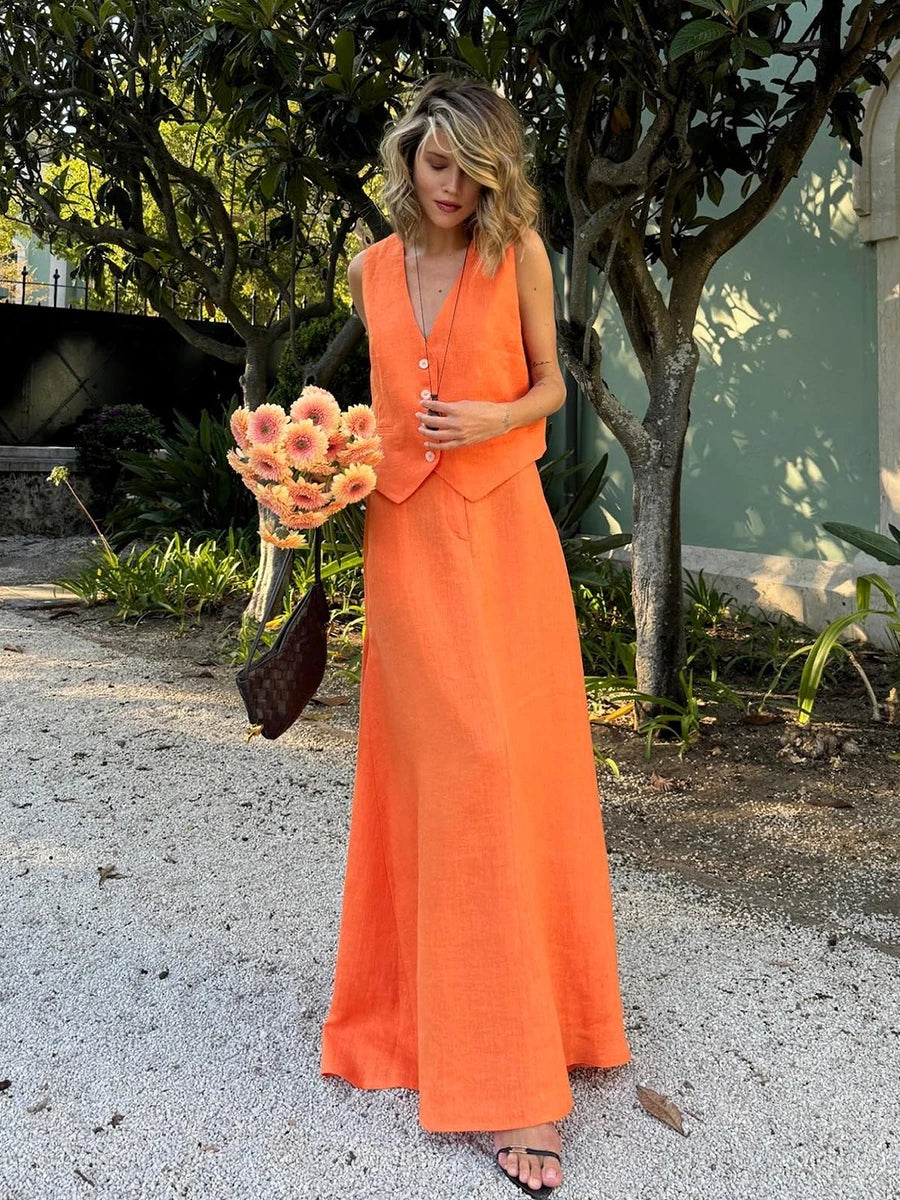 Conjunto de chaleco y falda de lino con estampado de puesta de sol