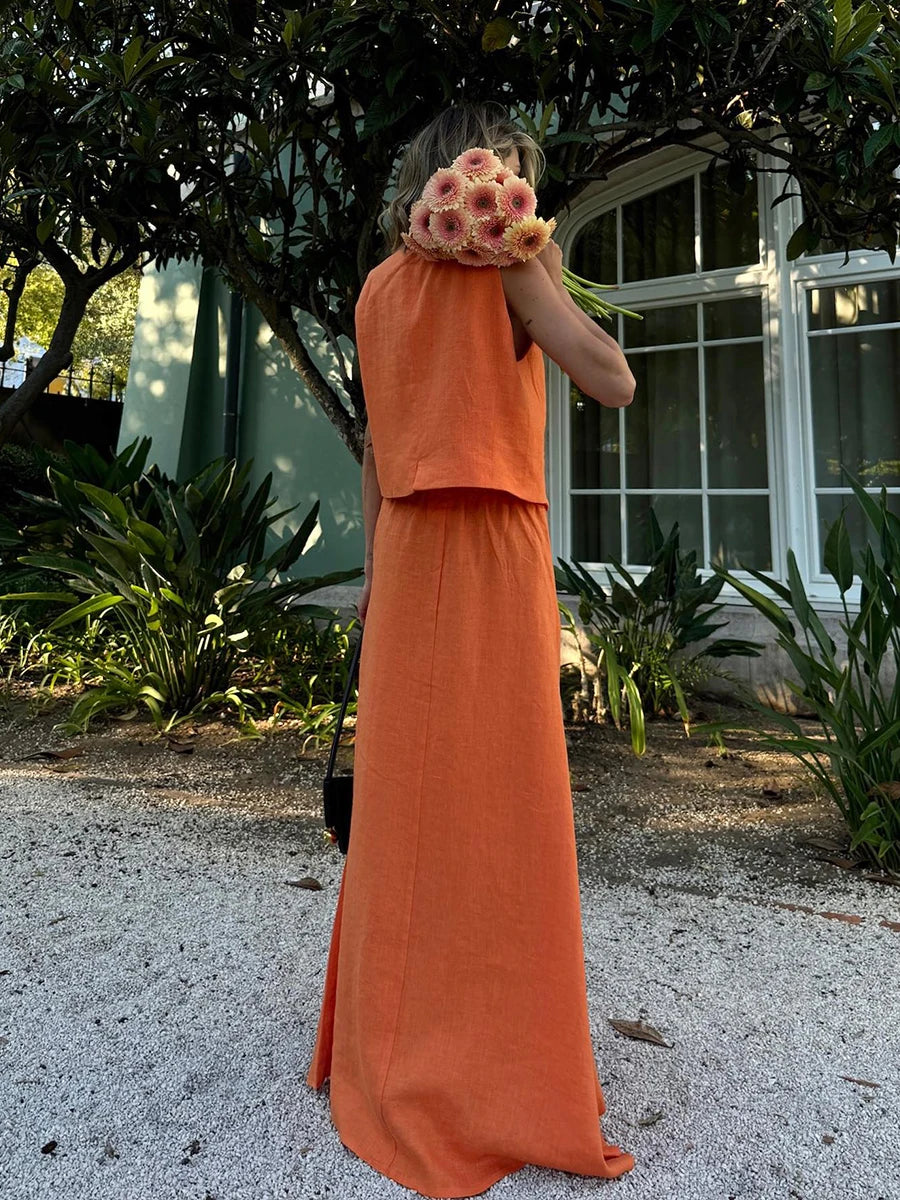 Conjunto de chaleco y falda de lino con estampado de puesta de sol
