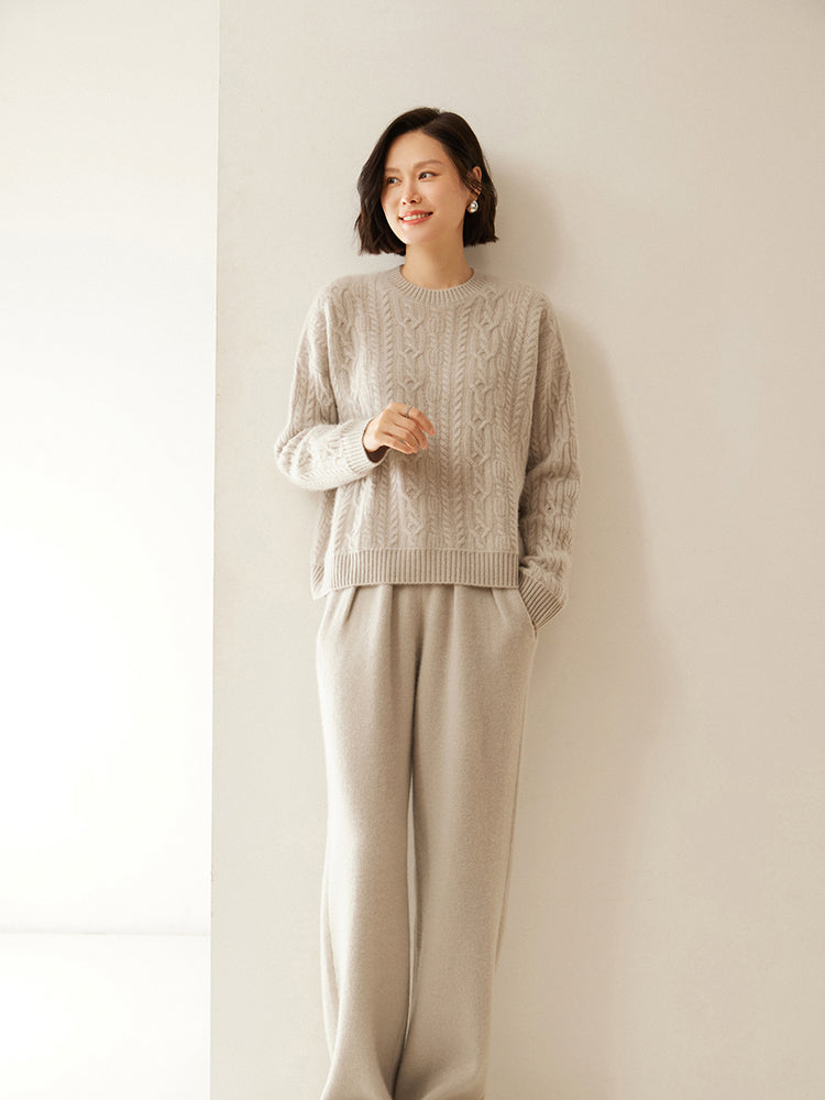 Pantalon large en laine cachemire avec détails en velours