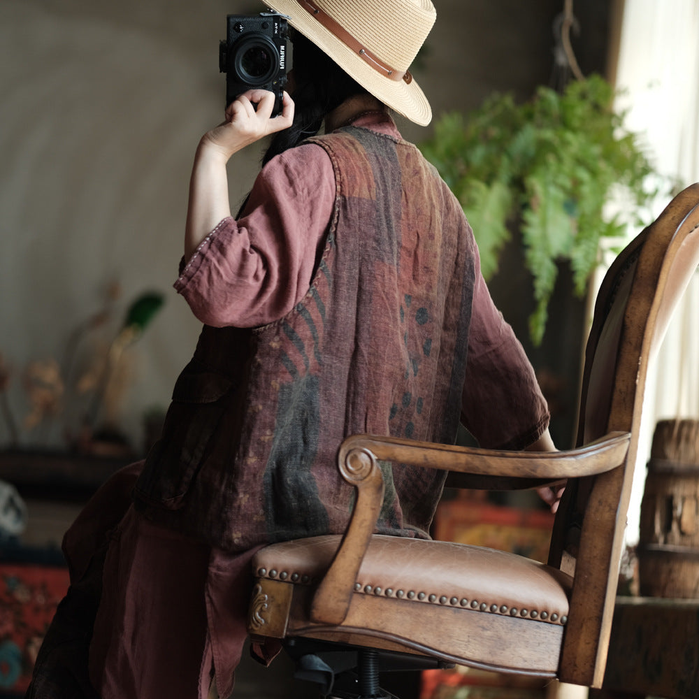 Gilet bohème en lin à poches