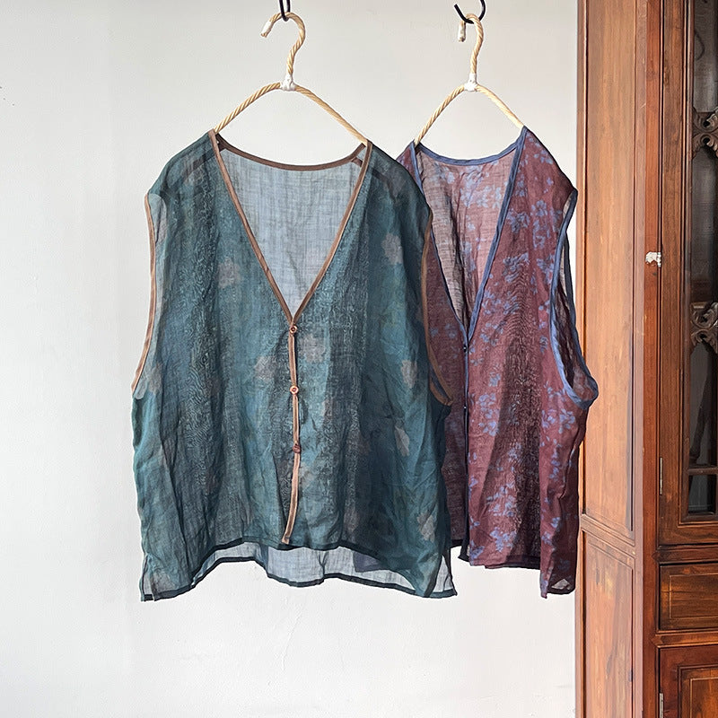 Gilet col en V en ramie florale