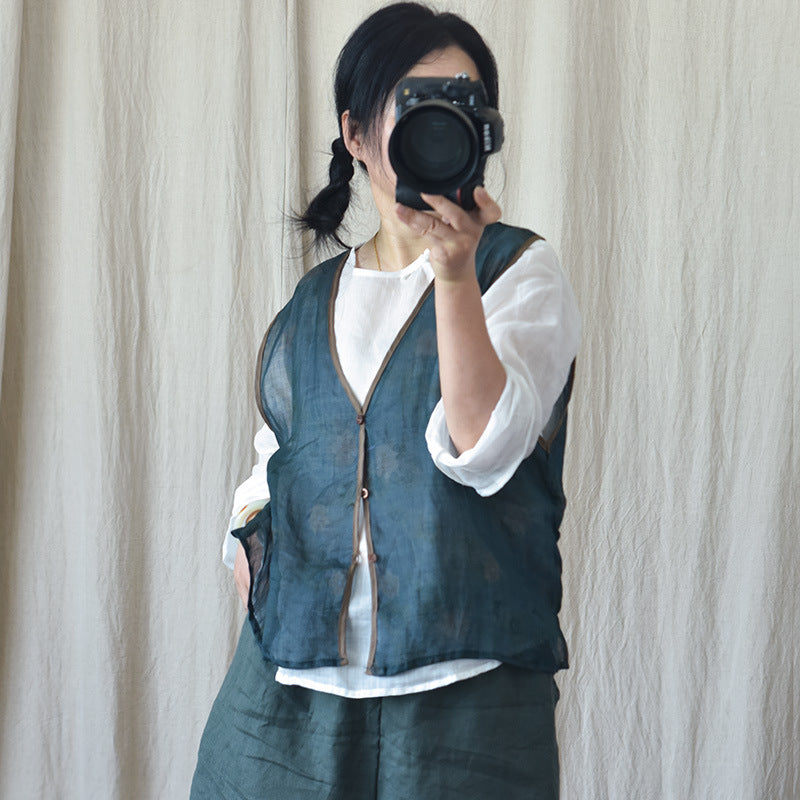 Gilet col en V en ramie florale