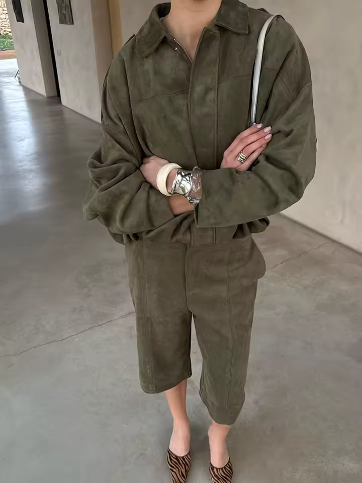 Suede Long Sleeve Lapel Jacket & High-Waist Shorts for Women | 2025 Vintage Streetwear Style