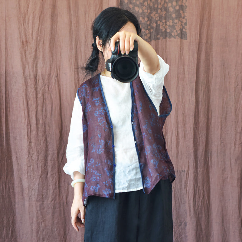 Gilet col en V en ramie florale