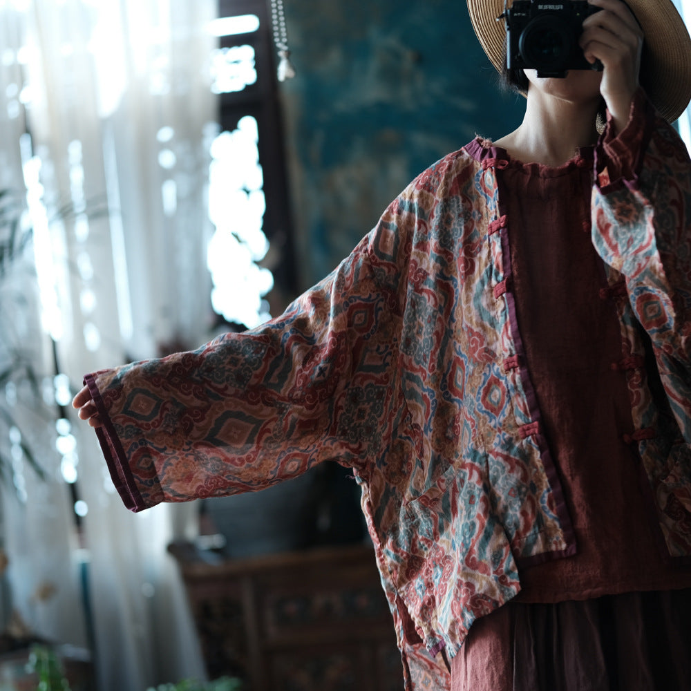 Veste vintage en lin à motifs ethniques
