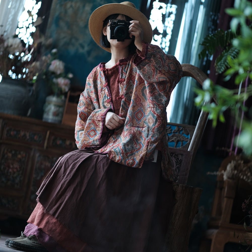 Veste vintage en lin à motifs ethniques