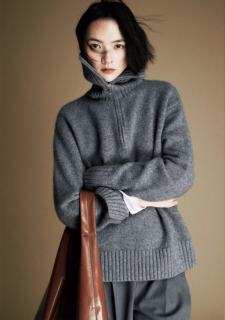 Cozy Zip Wool Knit Sweater for Women – Half-Zip Collar Pullover with 80% Wool Blend | COANDMI Collection