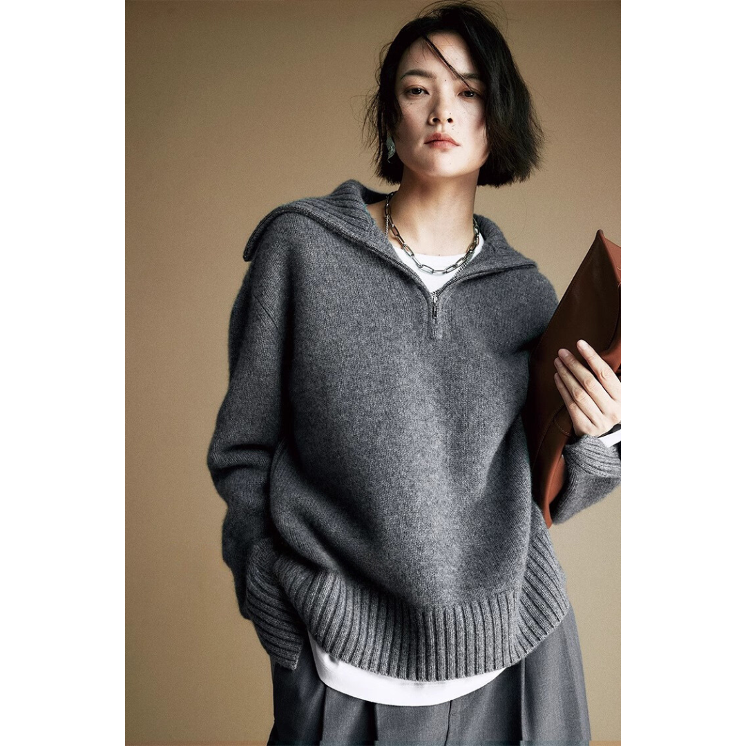 Cozy Zip Wool Knit Sweater for Women – Half-Zip Collar Pullover with 80% Wool Blend | COANDMI Collection