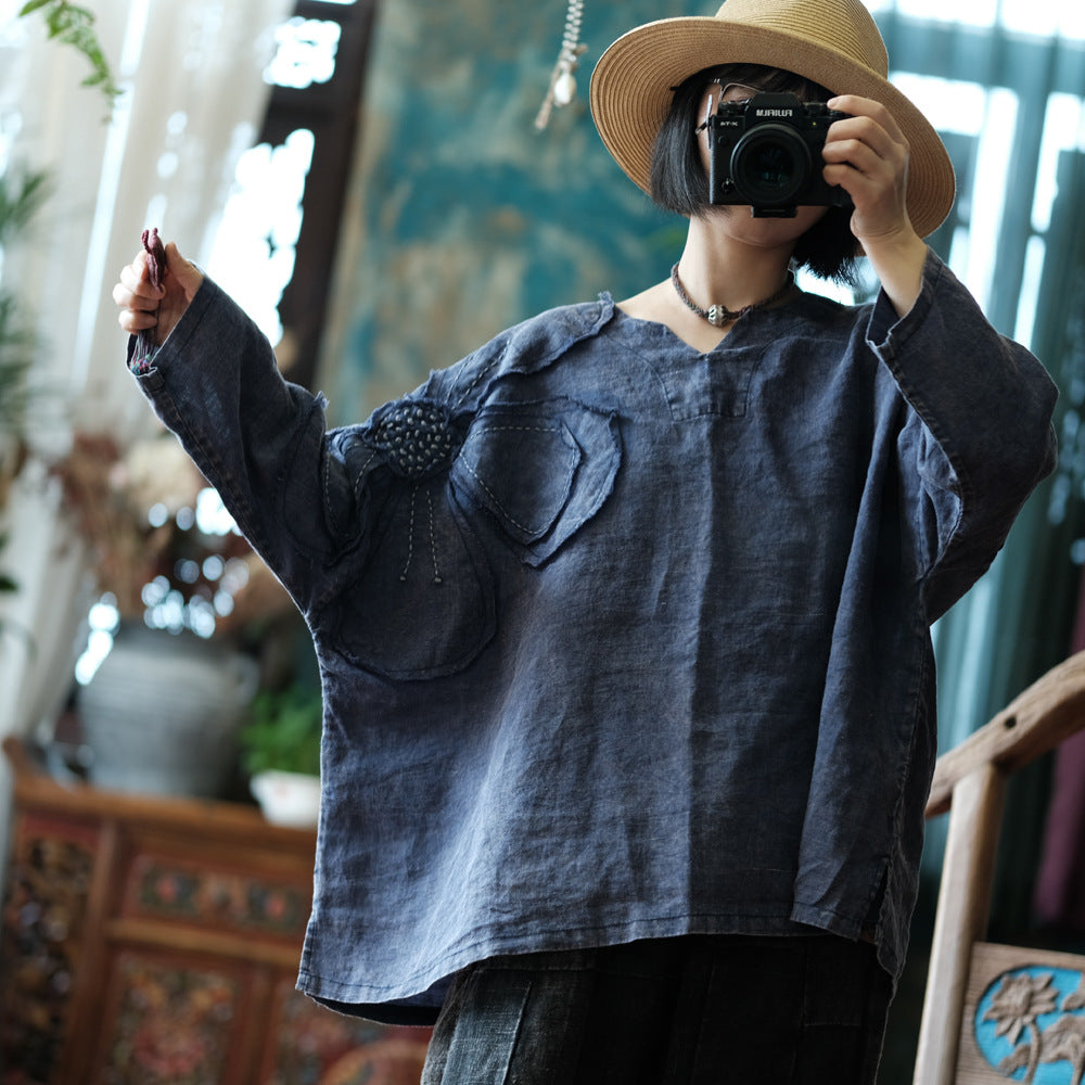 Vintage Floral Patchwork Ramie Blouse