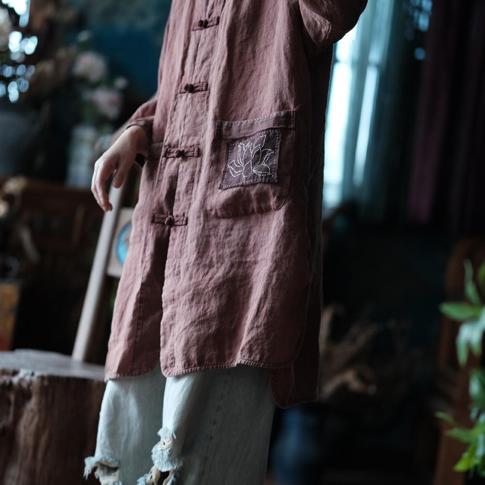 Manteau vintage en lin brodé de lotus