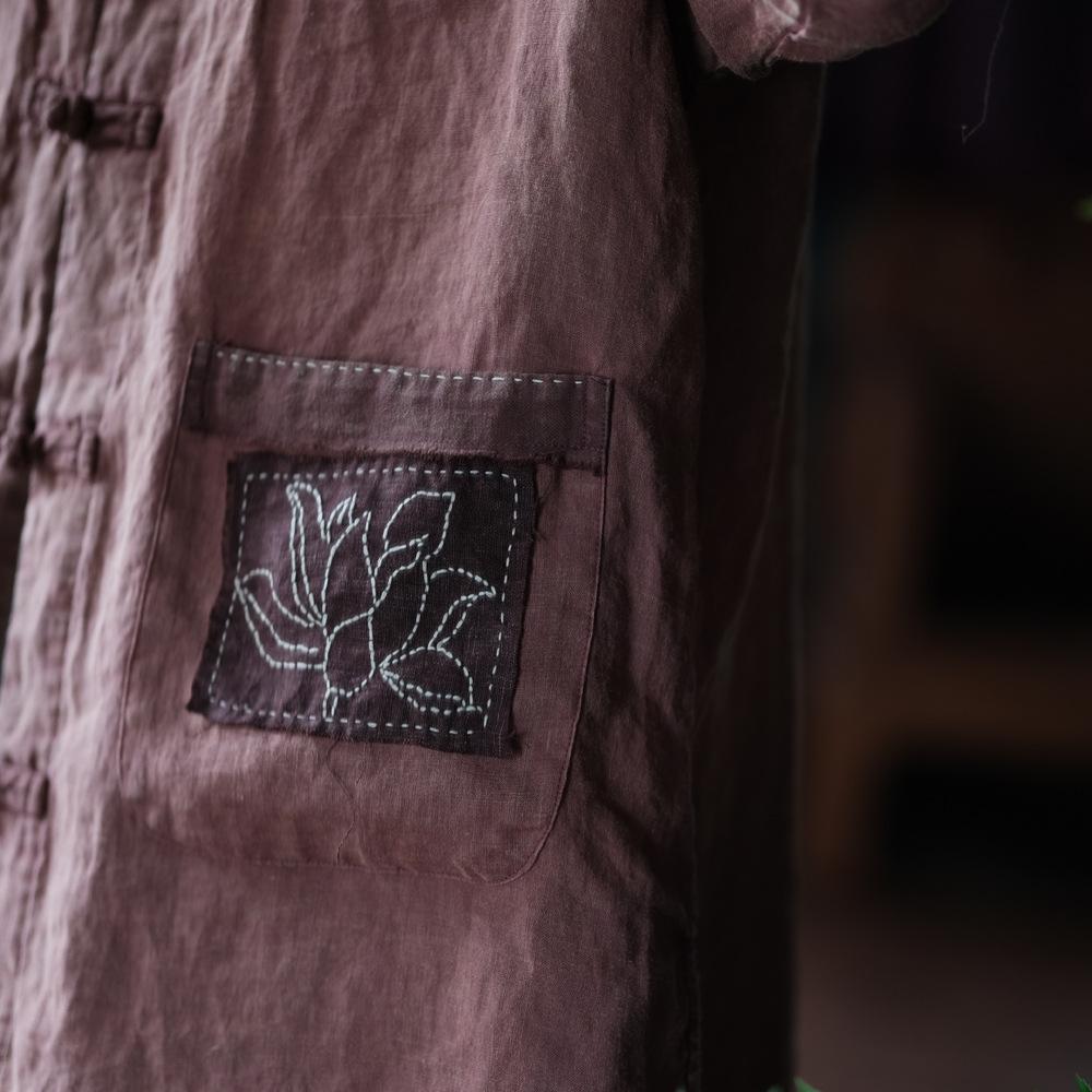 Manteau vintage en lin brodé de lotus
