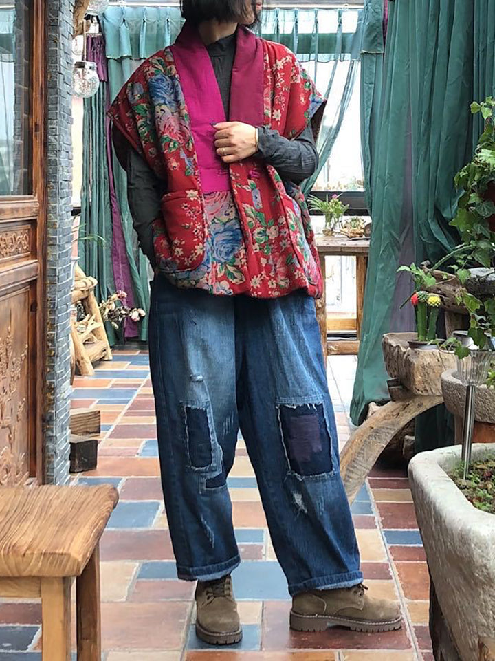 Gilet patchwork ethnique en lin – Style bohème vintage