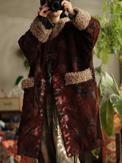 Floral Fleece Coat - Retro Style Winter Outerwear