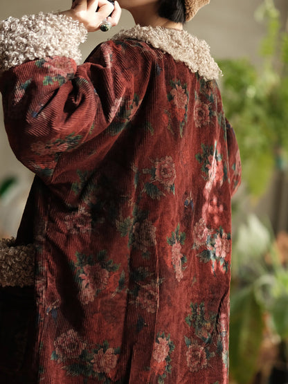 Floral Fleece Coat - Retro Style Winter Outerwear