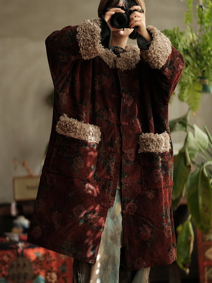 Floral Fleece Coat - Retro Style Winter Outerwear