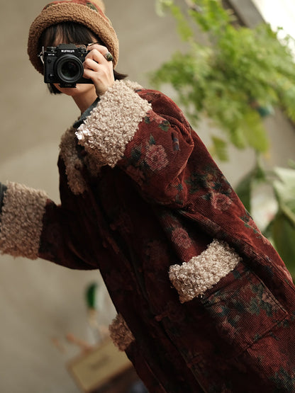 Floral Fleece Coat - Retro Style Winter Outerwear