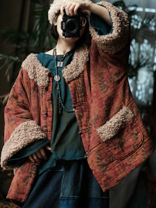 Abrigo Vintage de Algodón con Estampado Floral – Corte Holgado, Estilo Retro de Invierno