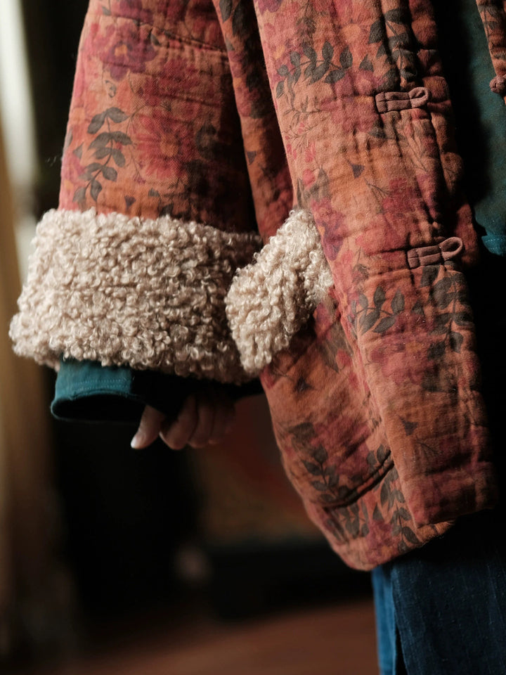 Abrigo Vintage de Algodón con Estampado Floral – Corte Holgado, Estilo Retro de Invierno