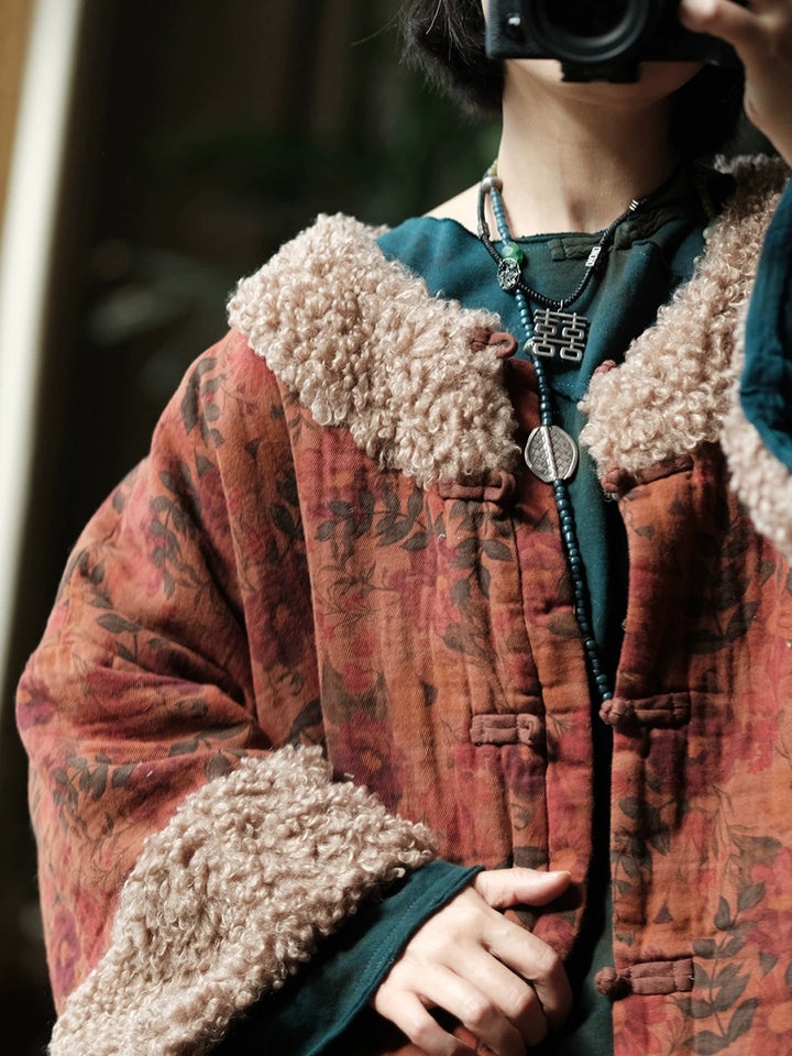 Abrigo Vintage de Algodón con Estampado Floral – Corte Holgado, Estilo Retro de Invierno
