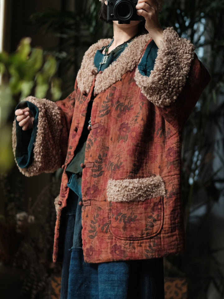 Abrigo Vintage de Algodón con Estampado Floral – Corte Holgado, Estilo Retro de Invierno