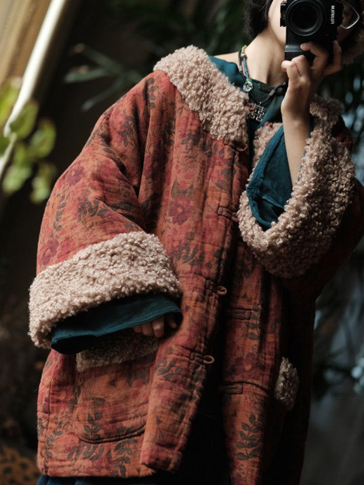 Abrigo Vintage de Algodón con Estampado Floral – Corte Holgado, Estilo Retro de Invierno