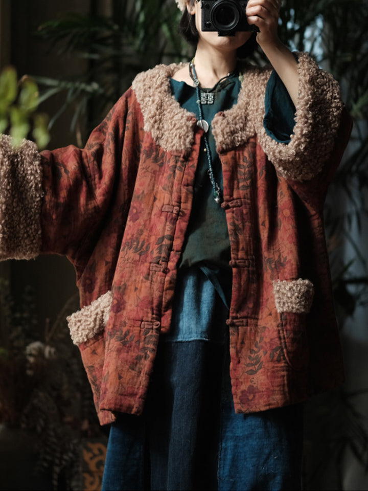 Abrigo Vintage de Algodón con Estampado Floral – Corte Holgado, Estilo Retro de Invierno