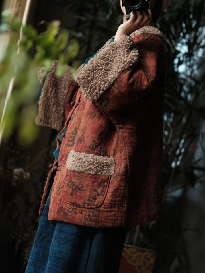 Abrigo Vintage de Algodón con Estampado Floral – Corte Holgado, Estilo Retro de Invierno
