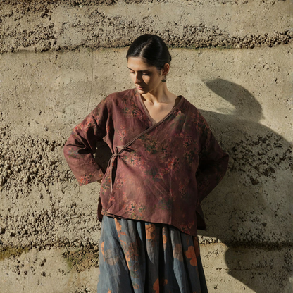 Floral Linen Wrap Kimono - Artistic Natural Print