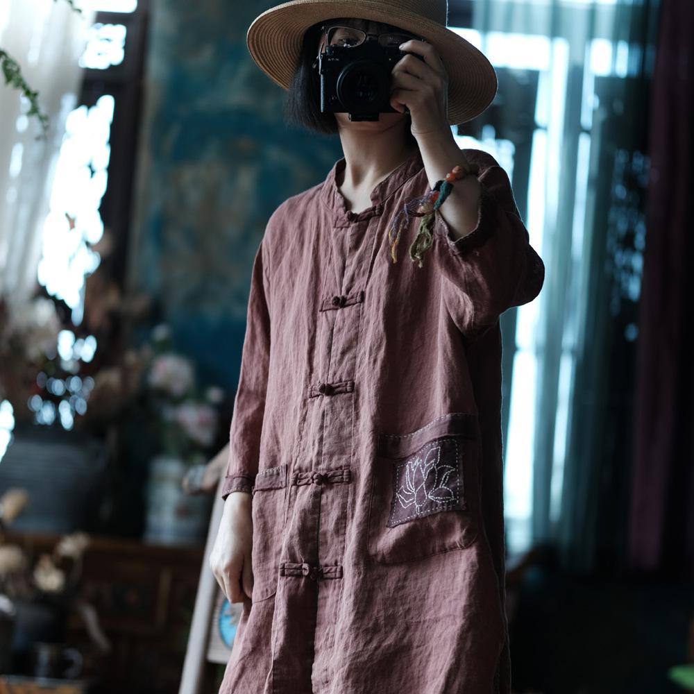 Manteau vintage en lin brodé de lotus