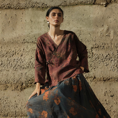 Floral Linen Wrap Kimono - Artistic Natural Print