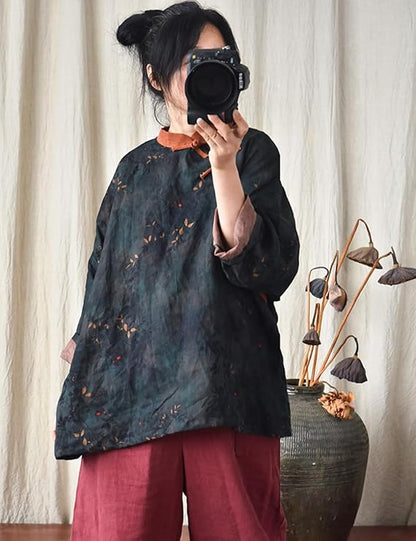 Vintage Bloom Contrast Linen Blouse