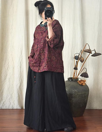 Vintage Bloom Contrast Linen Blouse